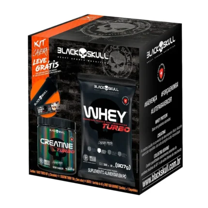 Kit Black Skull Caveira Whey Turbo Chocolate 907g + Creatine Turbo Sem Sabor 150g + Whey Bar Gourmet Cookies + Coqueteleira